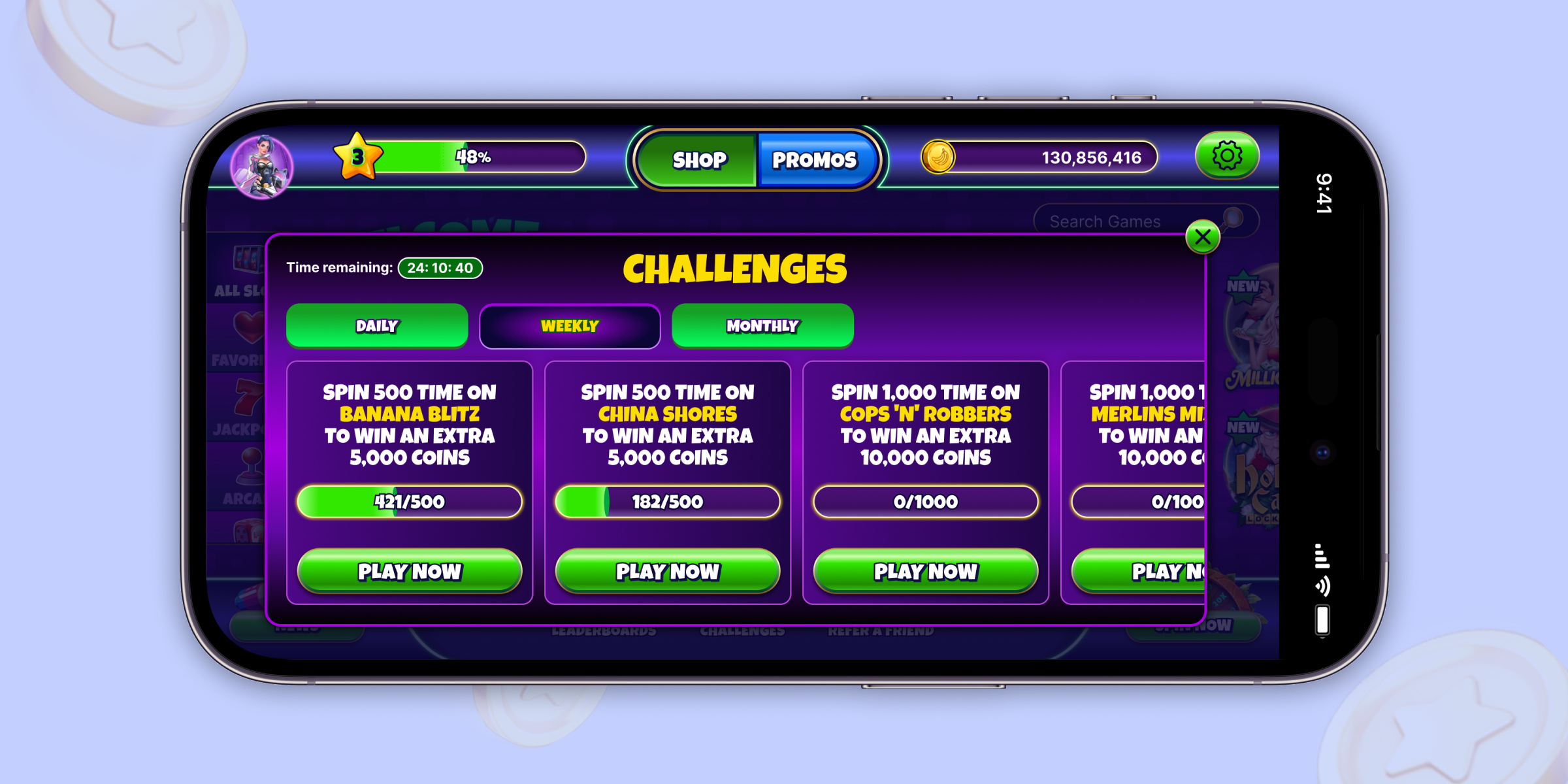 Daily, weekly and monthly challenges with progress states