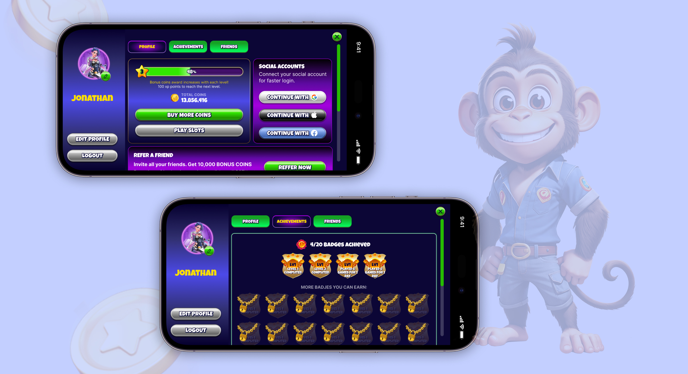 Player profile showing achievements and progress