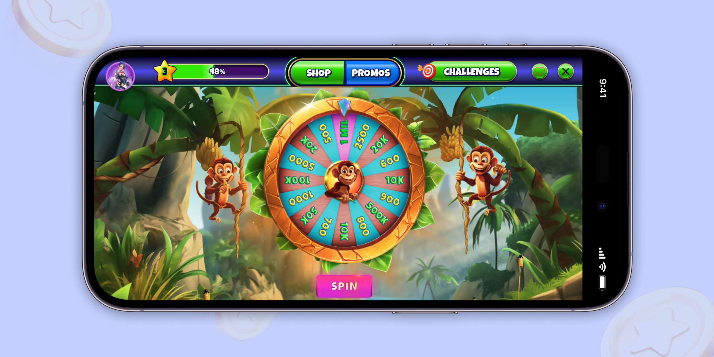Fortune wheel with spin action and rewards