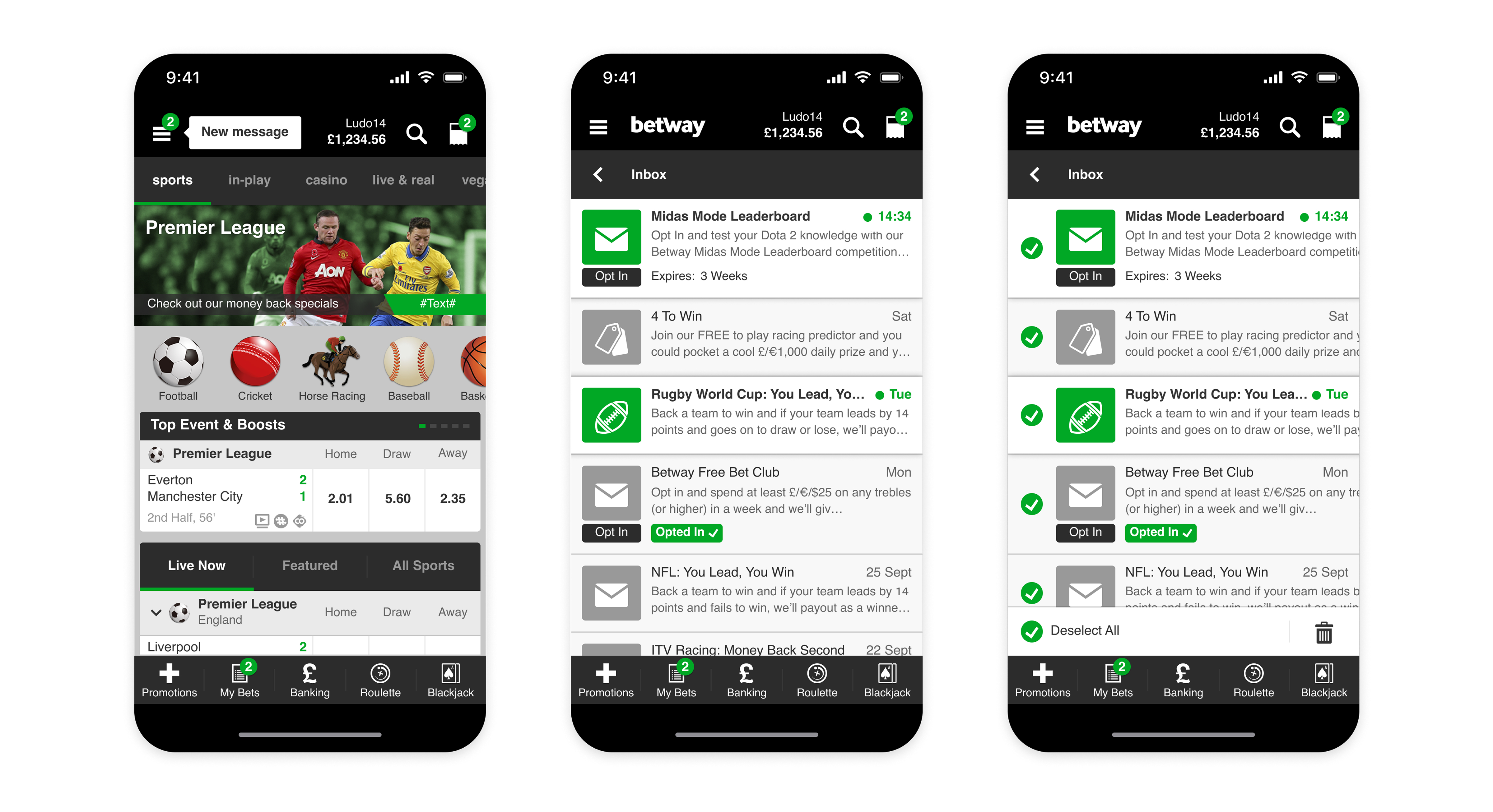 Betway event detail screen with markets expanded